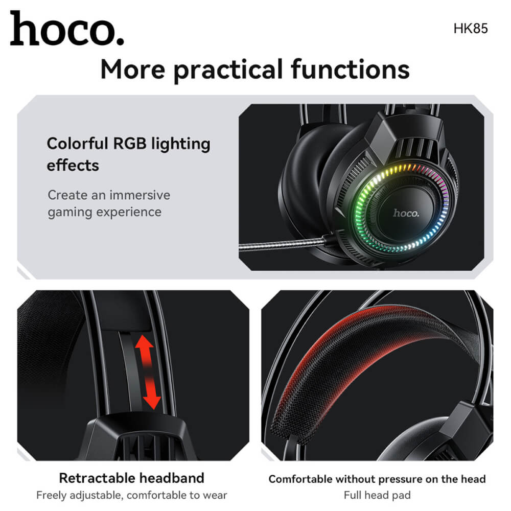 หูฟังเกมมิ่ง HOCO HK85 ดอกลำโพง 40MM ไมโครโฟน HD ถอดออกได้ แต่งไฟ RGB สายแจ็ค USB ยาว 2 เมตร